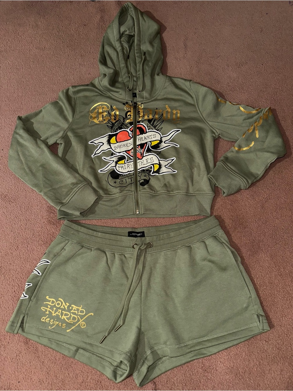 Ed Hardy Olive Green Zip Hoodie & Shorts Set with Gold Accents